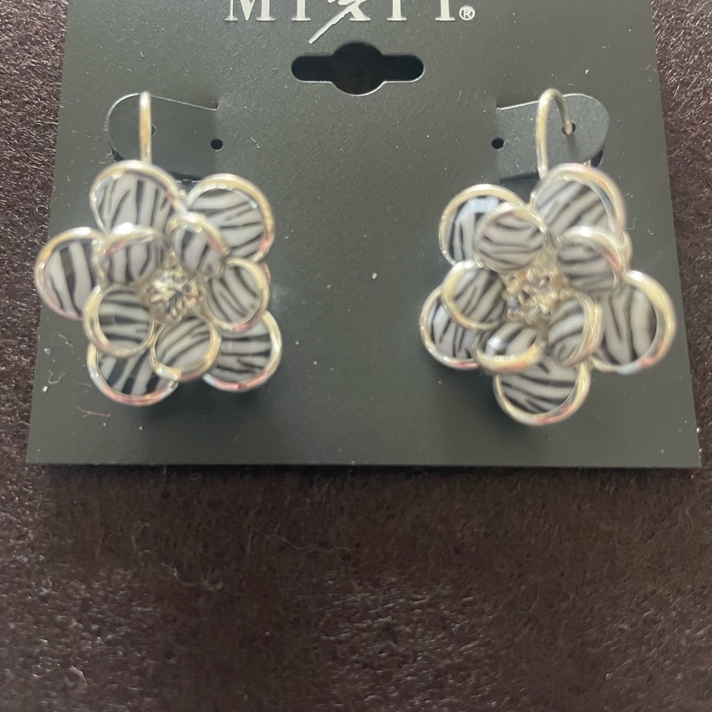 Mixit Black and Silver Zebra Floral with Center Diamond Earrings - Unique!